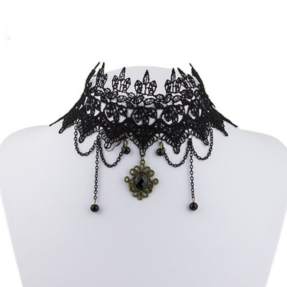 Victorian Black Lace gothic choker w/ beads